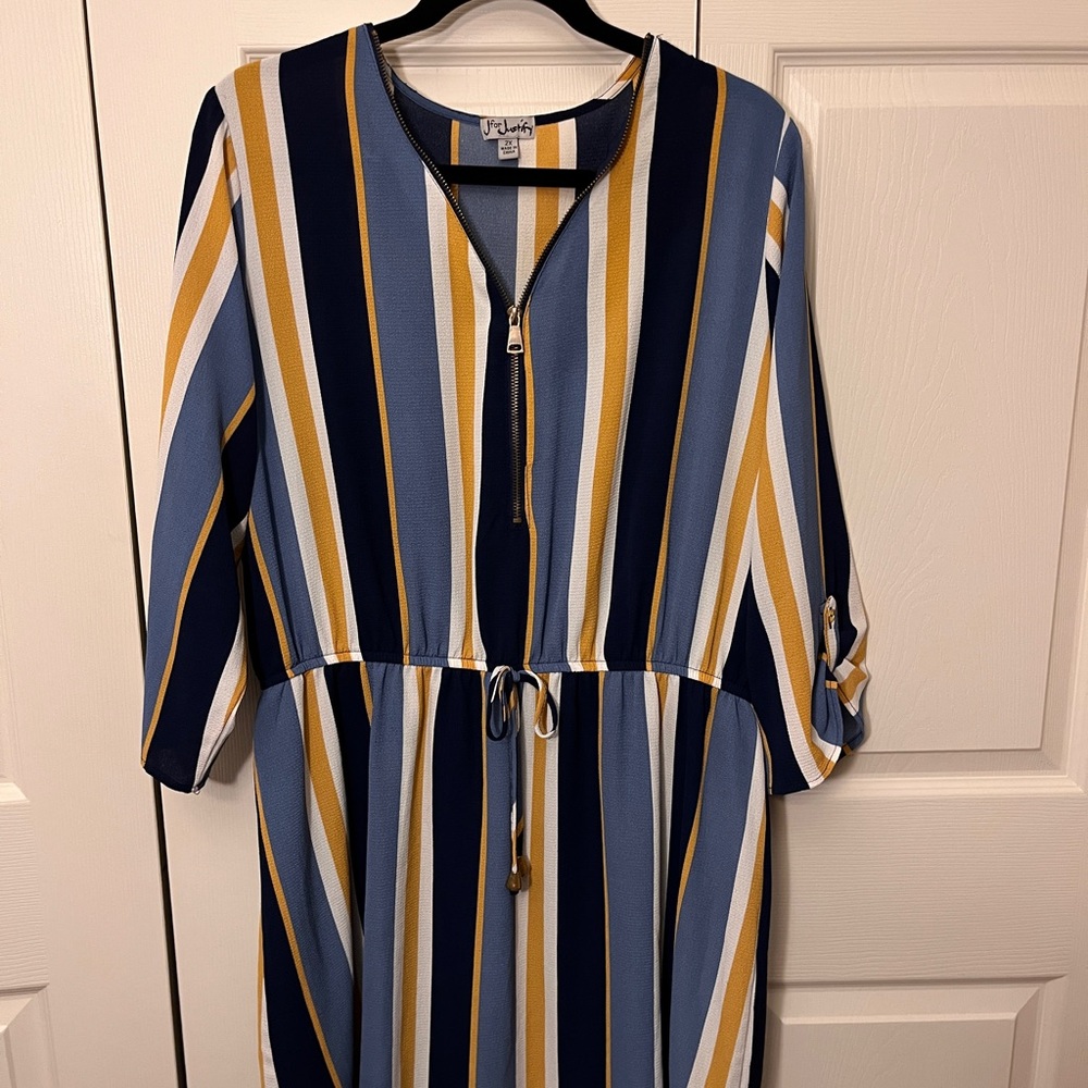 J for Justify Navy and Mustard Striped Long Sleeve Dress